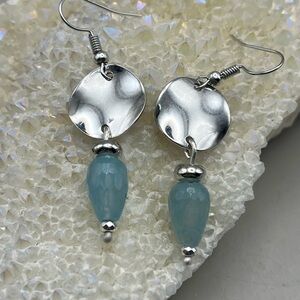 Handmade Hammered Silver Tone Disc & Aqua Blue Teardrop Dangle Earrings